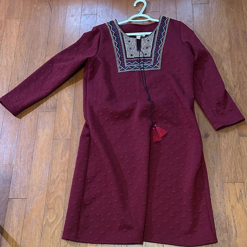 Chic Long Sleeve Burgundy Dress with Embroidery Ethnic Dess